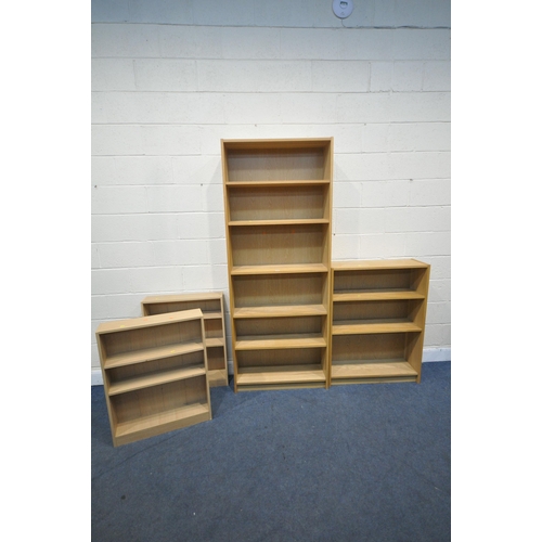 1297 - A LIGHT OAK OPEN BOOKCASE, width 80cm x depth 28cm x height 202cm, a matching smaller open bookcase,... 