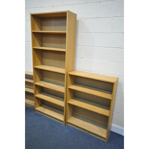 1297 - A LIGHT OAK OPEN BOOKCASE, width 80cm x depth 28cm x height 202cm, a matching smaller open bookcase,... 