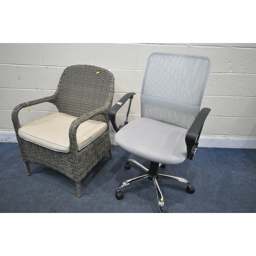 1298 - A MODERN SWIVEL OFFICE CHAIR, and a faux rattan armchair with a loose seat pad (condition report: go... 