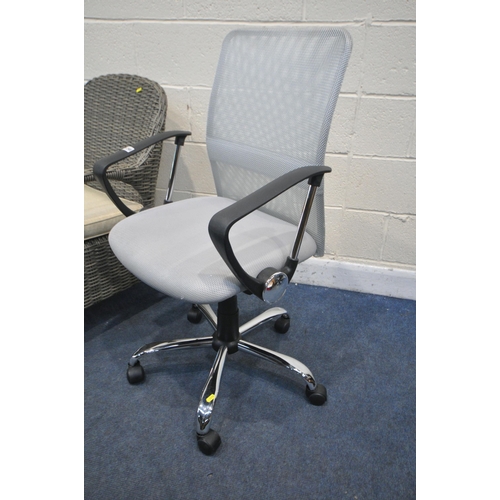 1298 - A MODERN SWIVEL OFFICE CHAIR, and a faux rattan armchair with a loose seat pad (condition report: go... 