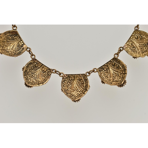 1 - A LATE 19TH CENTURY SCARAB NECKLACE, a gilt necklace comprised of seven floral panels, each prong se... 