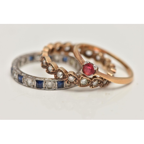 103 - THREE GEM SET RINGS, the first a full set spinel ring, hallmarked London, fineness is not distinguis... 