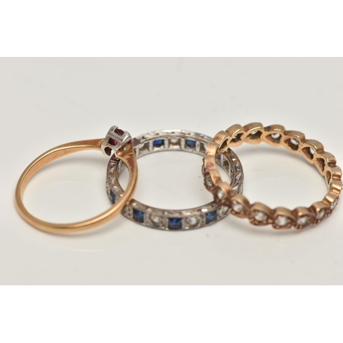 103 - THREE GEM SET RINGS, the first a full set spinel ring, hallmarked London, fineness is not distinguis... 