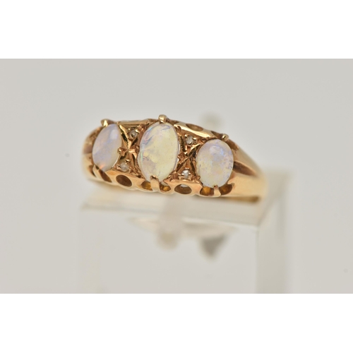 11 - AN EARLY 20TH CENTURY 18CT GOLD OPAL RING, three oval opals prong set with four rose cut diamond acc... 