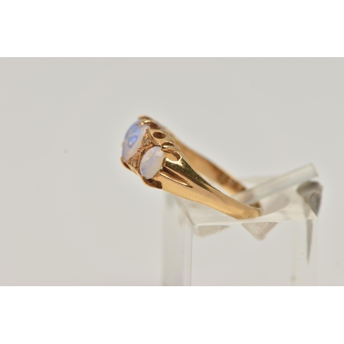 11 - AN EARLY 20TH CENTURY 18CT GOLD OPAL RING, three oval opals prong set with four rose cut diamond acc... 