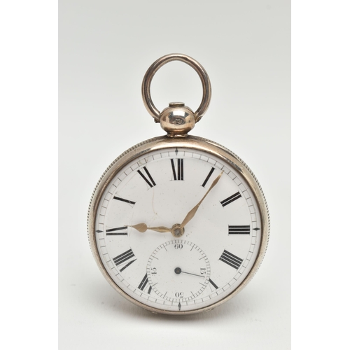 110 - A SILVER OPEN FACE POCKET WATCH, key wound movement, Roman numerals, subsidiary dial at the six o'cl... 