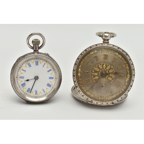 111 - TWO LADYS WHITE METAL POCKET WATCHES, two open face pocket watches with floral detail, both stamped ... 