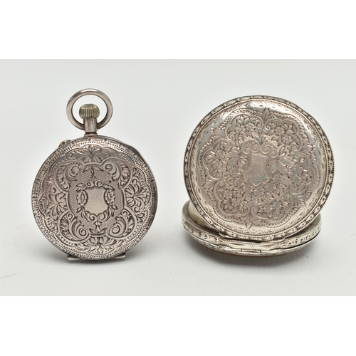 111 - TWO LADYS WHITE METAL POCKET WATCHES, two open face pocket watches with floral detail, both stamped ... 