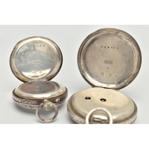 111 - TWO LADYS WHITE METAL POCKET WATCHES, two open face pocket watches with floral detail, both stamped ... 