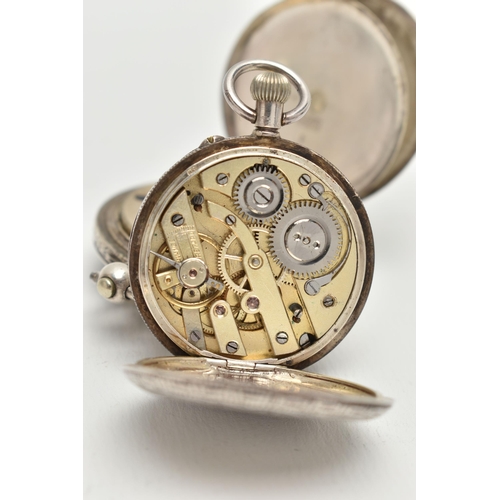 111 - TWO LADYS WHITE METAL POCKET WATCHES, two open face pocket watches with floral detail, both stamped ... 