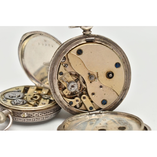 111 - TWO LADYS WHITE METAL POCKET WATCHES, two open face pocket watches with floral detail, both stamped ... 