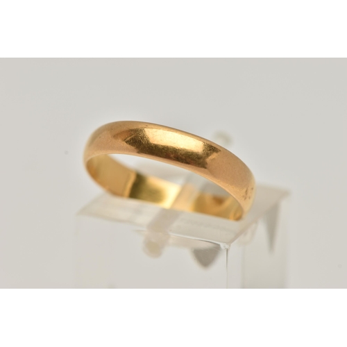 12 - A 22CT GOLD BAND RING, plain polished band, approximate width 4mm, hallmarked 22ct Birmingham, ring ... 