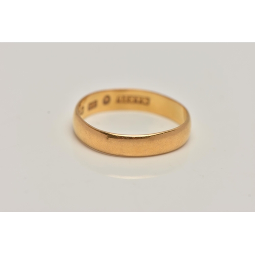 12 - A 22CT GOLD BAND RING, plain polished band, approximate width 4mm, hallmarked 22ct Birmingham, ring ... 