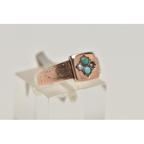 13 - AN LATE 19TH CENTURY SEED PEARL AND TURQUOISE RING, a signet ring set with turquoise and seed pearls... 