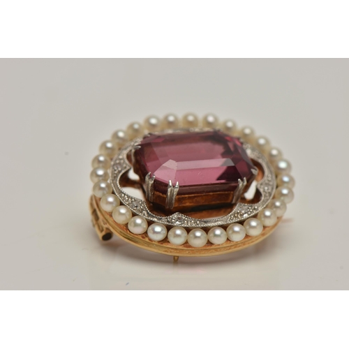 2 - AN EARLY TO MID CENTURY PINK TOURMALINE BROOCH, a principally set rectangular cut vivid pink tourmal... 