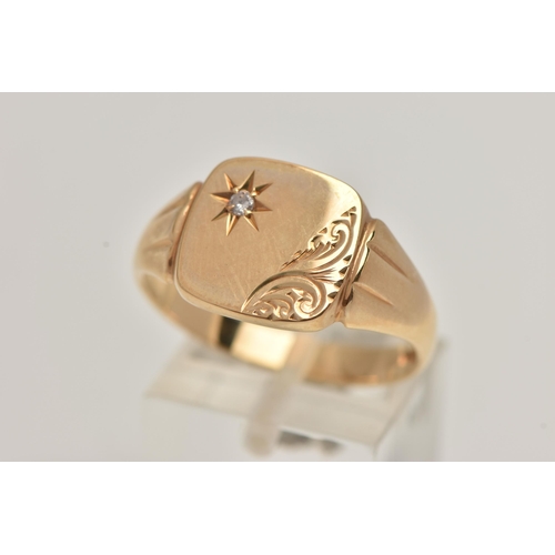 21 - A 9CT GOLD SIGNET RING, square signet, engraved with foliage detail and set with a single round bril... 