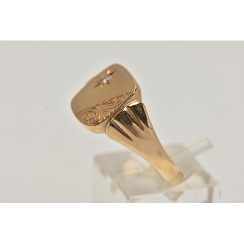 21 - A 9CT GOLD SIGNET RING, square signet, engraved with foliage detail and set with a single round bril... 