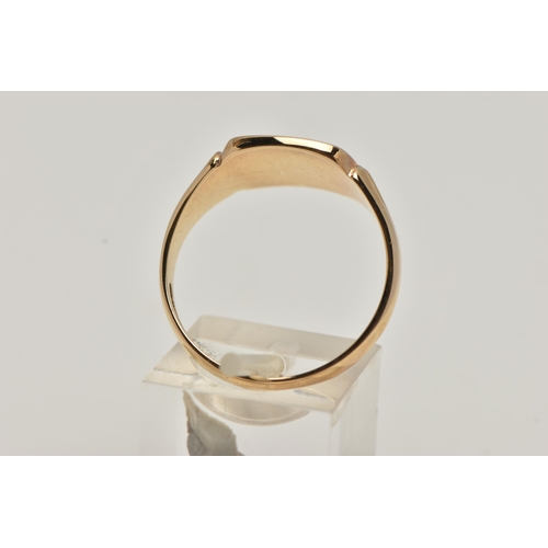 21 - A 9CT GOLD SIGNET RING, square signet, engraved with foliage detail and set with a single round bril... 