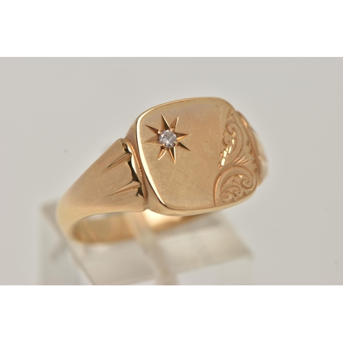 21 - A 9CT GOLD SIGNET RING, square signet, engraved with foliage detail and set with a single round bril... 