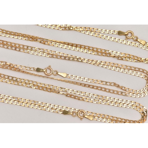 23 - THREE 9CT GOLD CHAIN NECKLACES, three matching flat curb link chain necklaces, fitted with spring cl... 