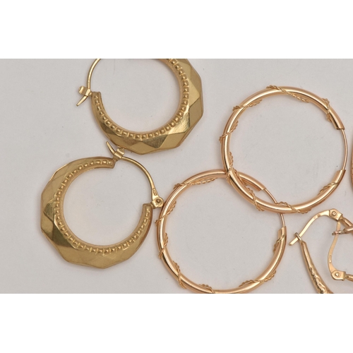 25 - 9CT GOLD AND YELLOW METAL HOOP EARRINGS, the first a pair of yellow gold creole earrings, hallmarked... 