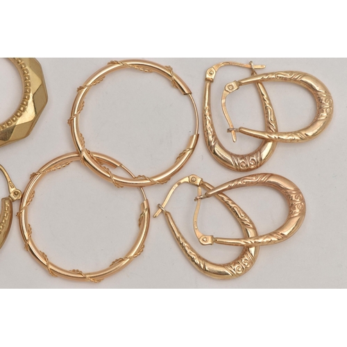 25 - 9CT GOLD AND YELLOW METAL HOOP EARRINGS, the first a pair of yellow gold creole earrings, hallmarked... 