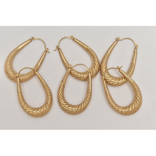 27 - THREE PAIRS OF 9CT GOLD LARGE CREOLE HOOP STYLE EARRINGS, three matching pairs of earrings, approxim... 