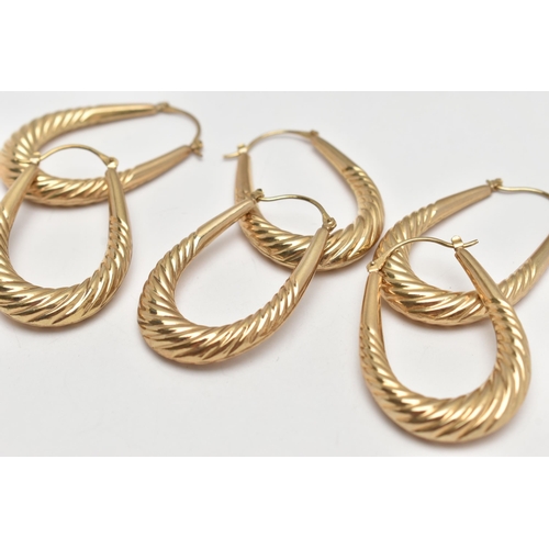 27 - THREE PAIRS OF 9CT GOLD LARGE CREOLE HOOP STYLE EARRINGS, three matching pairs of earrings, approxim... 