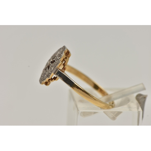 3 - A MID CENTURY DIAMOND DRESS RING, nine single cut diamonds, grain set in a white metal open work flo... 