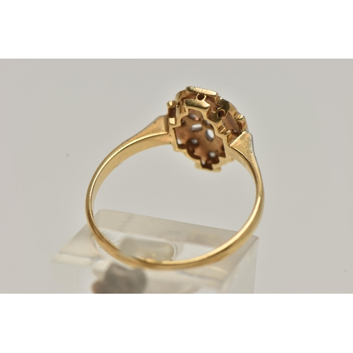 3 - A MID CENTURY DIAMOND DRESS RING, nine single cut diamonds, grain set in a white metal open work flo... 