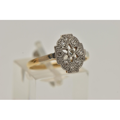 3 - A MID CENTURY DIAMOND DRESS RING, nine single cut diamonds, grain set in a white metal open work flo... 