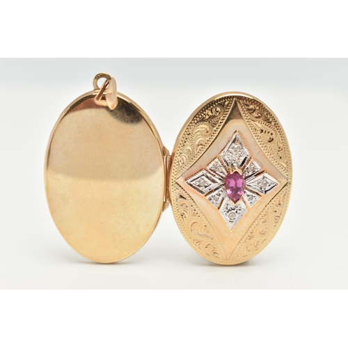 32 - A 9CT GOLD GEM SET LOCKET, yellow gold oval locket, principally set with a marquise cut ruby, set wi... 