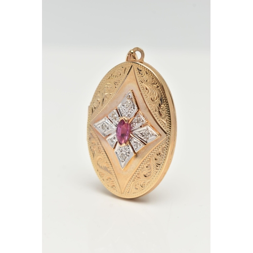 32 - A 9CT GOLD GEM SET LOCKET, yellow gold oval locket, principally set with a marquise cut ruby, set wi... 