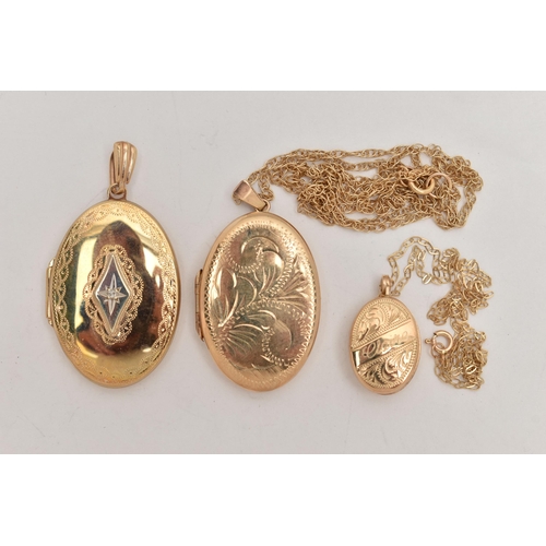 33 - THREE 9CT GOLD LOCKETS, three oval lockets varying in size, two suspended from fine trace chains, ea... 