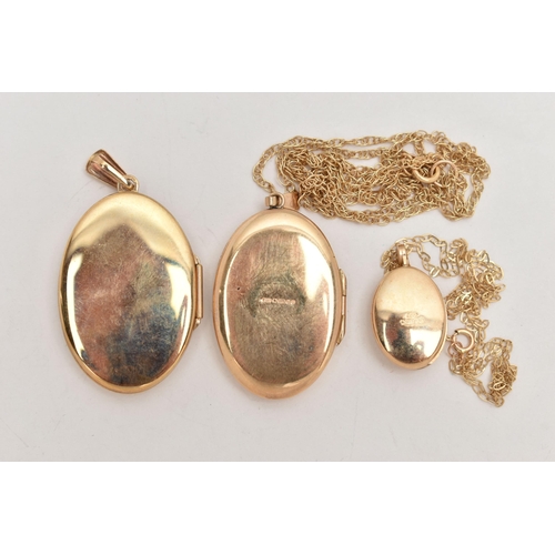 33 - THREE 9CT GOLD LOCKETS, three oval lockets varying in size, two suspended from fine trace chains, ea... 