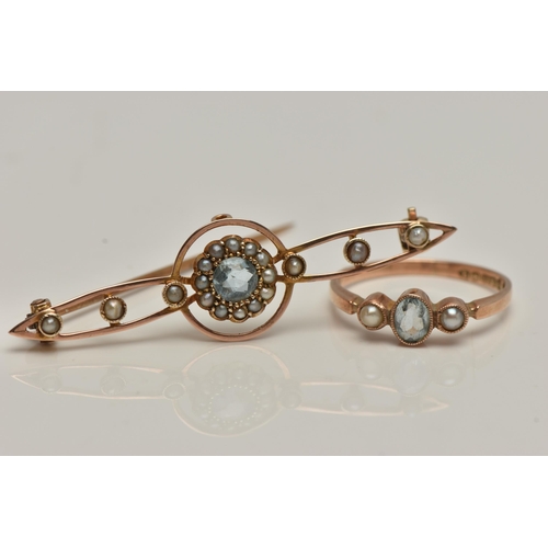 4 - AN AQUAMARINE AND SEED PEARL RING AND BROOCH, oval cut aquamarine collet set with two seed pearls, s... 