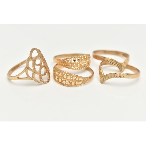 42 - FIVE 9CT GOLD RINGS, two wishbone style rings, ring size O and M, a double row open work patterned r... 