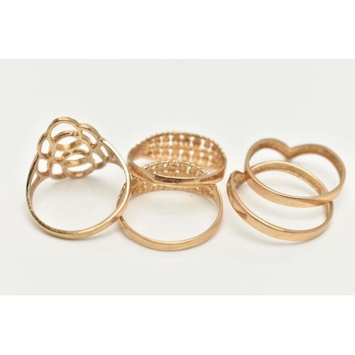 42 - FIVE 9CT GOLD RINGS, two wishbone style rings, ring size O and M, a double row open work patterned r... 