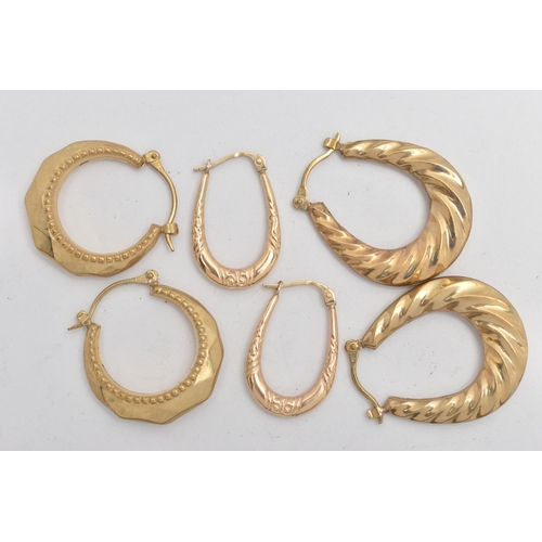 44 - TWO PAIRS OF 9CT GOLD CREOLE HOOP EARRINGS AND A PAIR OF YELLOW METAL CREOLE EARRRINGS, all varying ... 