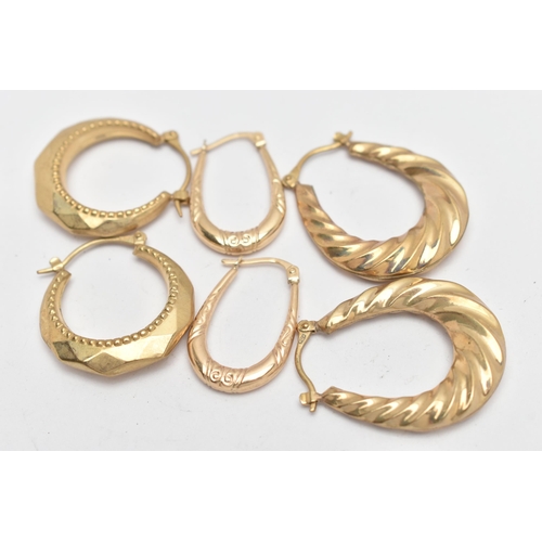 44 - TWO PAIRS OF 9CT GOLD CREOLE HOOP EARRINGS AND A PAIR OF YELLOW METAL CREOLE EARRRINGS, all varying ... 