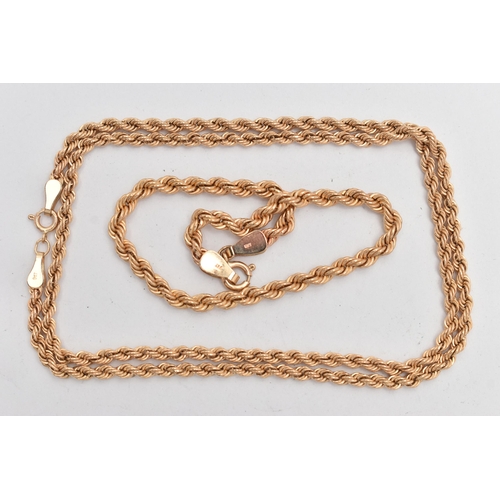 45 - A 9CT GOLD CHAIN NECKLACE AND BRACELET, a rose gold rope chain necklace, fitted with a spring clasp,... 