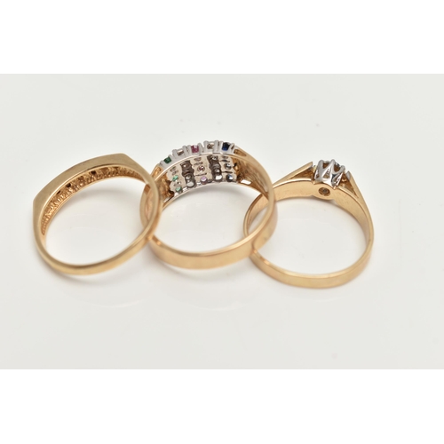 48 - THREE 9CT GOLD GEM SET RINGS, the first a three row band ring, prong set with diamonds, sapphires, r... 