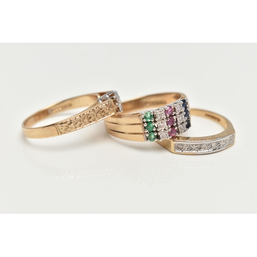 48 - THREE 9CT GOLD GEM SET RINGS, the first a three row band ring, prong set with diamonds, sapphires, r... 