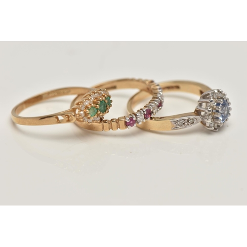 50 - THREE 9CT GOLD GEM SET RINGS, the first an emerald and diamond cluster ring, hallmarked 9ct Birmingh... 