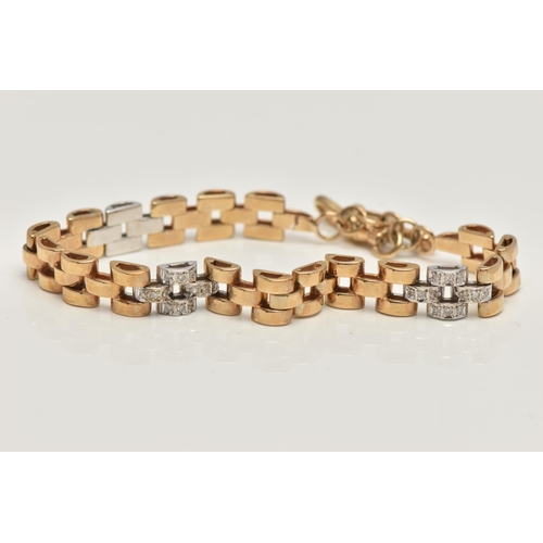 51 - A 9CT GOLD AND DIAMOND BRACELET, a yellow gold brick link bracelet, fitted with a toggle and lobster... 