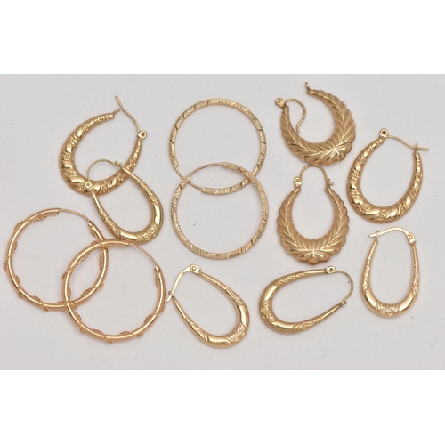 53 - AN ASSORTMENT OF YELLOW METAL CREOLE AND HOOP EARRINGS, to include four pairs of creole hoop earring... 