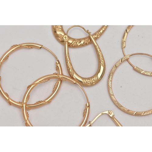 53 - AN ASSORTMENT OF YELLOW METAL CREOLE AND HOOP EARRINGS, to include four pairs of creole hoop earring... 