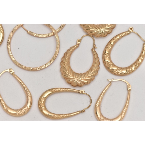 53 - AN ASSORTMENT OF YELLOW METAL CREOLE AND HOOP EARRINGS, to include four pairs of creole hoop earring... 