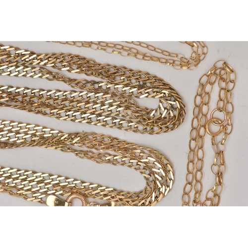 54 - AN ASSORTMENT OF 9CT AND YELLOW METAL CHAINS, two matching double curb link chain necklaces, fitted ... 