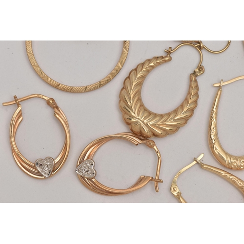 55 - AN ASSORTMENT OF 9CT GOLD AND YELLOW METAL CREOLE AND HOOP EARRINGS, to include a pair of 9ct yellow... 